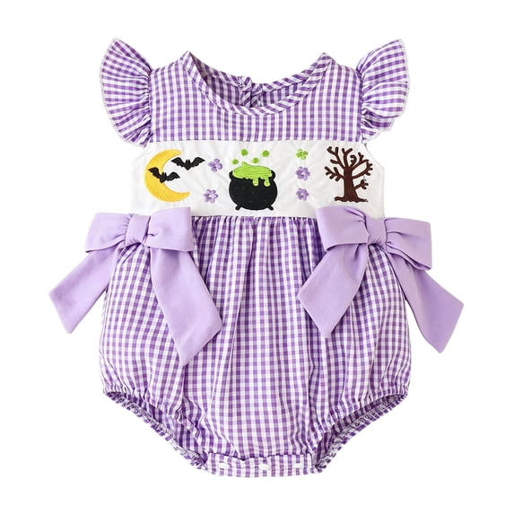 Dmsael Baby Halloween Outfit Girl Plaid Romper Long Sleeve Pumpkin Ruffle Onesie with Bows Fall Winter Clothes (Purple,6-12 Months)