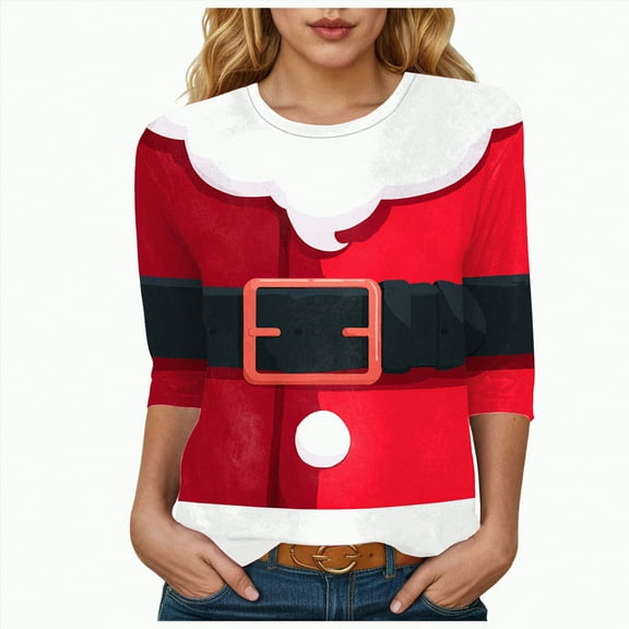 Dmsael Christmas Outfit Women 3/4 Sleeve Women's Christmas Tops Fall Winter Womens Tee Shirts Vacation Loose Layering Casual Stars Tops White,M