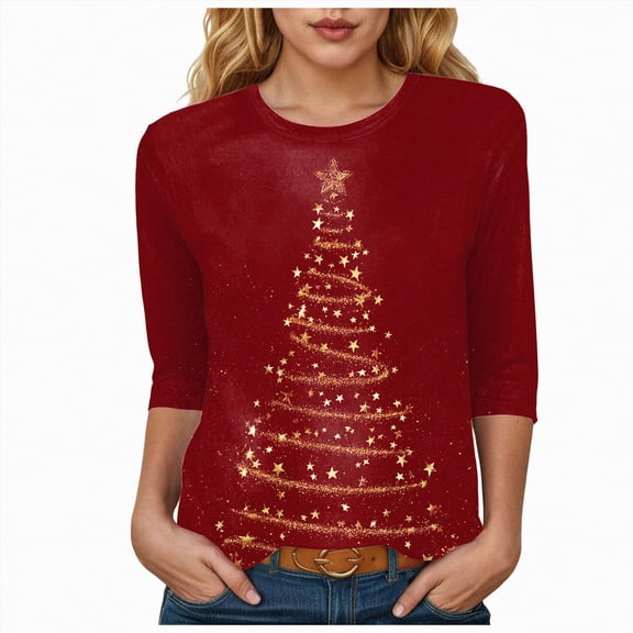 Dmsael Christmas Printed Tops for Women Womens Tee Shirts Plus Size Christmas 3/4 Sleeve Women's Shirts Leisure Loose Cute Gradient Color Festivals Tops Red,XL