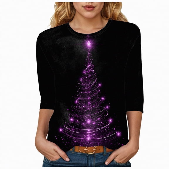 Dmsael Christmas Shirts Christmas Shirts for Women 3/4 Sleeve Tunic Tops Glitter Xmas Tree Print Tshirt Crewneck Pullover Blouses Gifts Tees Light Pink,M