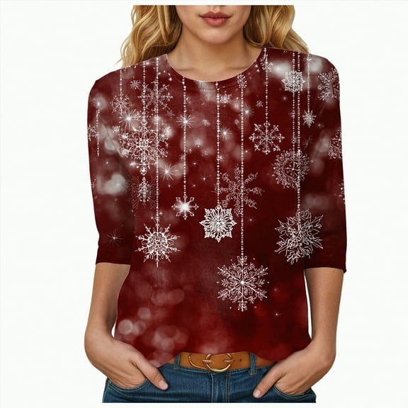 Dmsael Christmas Tops for Women 2025 Womens Pullover Tops Fashion T Shirts 3/4 Sleeve Christmas Graphic Crewneck Loose Blouses for Ladies Brick Red,3XL