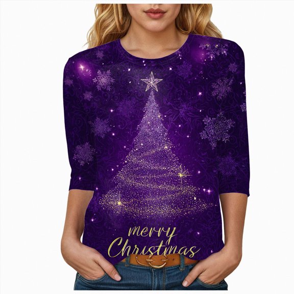 Dmsael Christmas Tree Shirt Christmas Shirts for Women Funny Dressy Fall Snowman Shirt 3/4 Length Sleeve Winter Clothes Crewneck Top Xmas T-Shirt Dark Purple,2XL