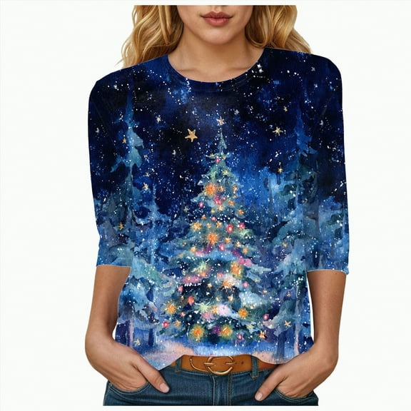 Dmsael Christmas Womens Tops Christmas Shirts for Women 3/4 Length Sleeve Sparkly Xmas Tree Print Tee Tops Three Quarter Sleeve Holiday Tunic Blouse Blue,L