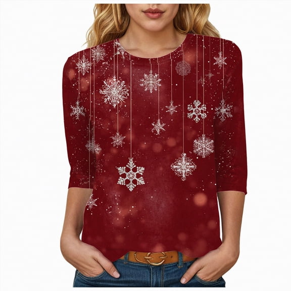 Dmsael Christmas Womens Tops Tunic Tee Shirts for Women Plus Size Christmas 3/4 Sleeve Women Tops Christmas Print Loose Festivals Casual Tops Wine,XL