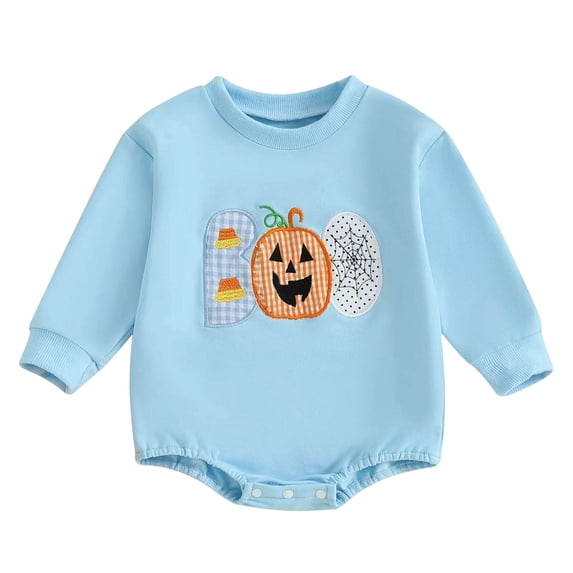 Dmsael First Halloween Baby Girl Outfit Smocked Bubble Romper Long Sleeve Onesie Fall Winter Baby Girl Clothes (Sky Blue,6-12 Months)