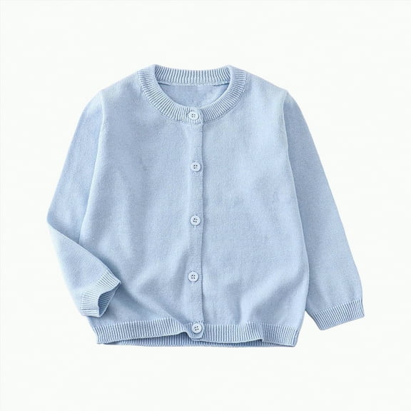 Dmsael Girls School Uniform Girl Sweaters Cable Knit Long Sleeve Crewneck Button Cardigans Sweaters Kids Solid Color Crew Neck Light Blue,18-24 Months
