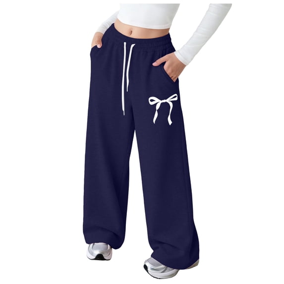 Dmsael Girls Sweatpants Fleece Lined Wide Leg Sweat Pants Cotton Elastic Waisted Trousers with Pockets (Navy,3-4 Years)