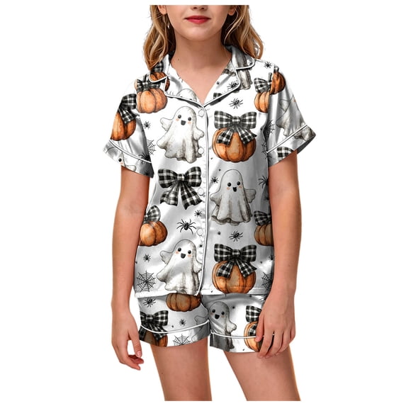 Dmsael Halloween Pajamas Kids Girls Silk Satin Pajamas Set Short Sleeve Sleepwear Button Loungewear 2 Piece Pjs Shorts Set