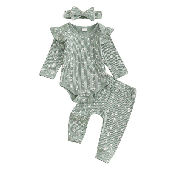 Dmsael Newborn Baby Girls Clothes Set Ribbed Ruffled Romper + Floral Pants + Headband Infant Outfit Set,9-12 Months