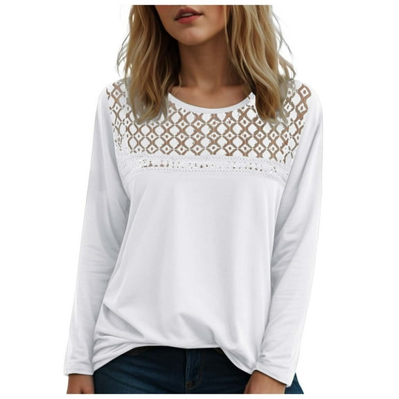 Dmsael Shirts for Women Long Sleeve Shirts for Women Crew Neck Fall Fashion Pullover Casual Tops Clothes White,L