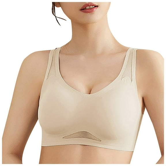 Linfrsh Sports Bra Womens Seamless Push Up Bras No Underwire Full Coverage Anti Sagging Comfortable Bras V Neck Bra Wireless Everyday Bra Beige,L