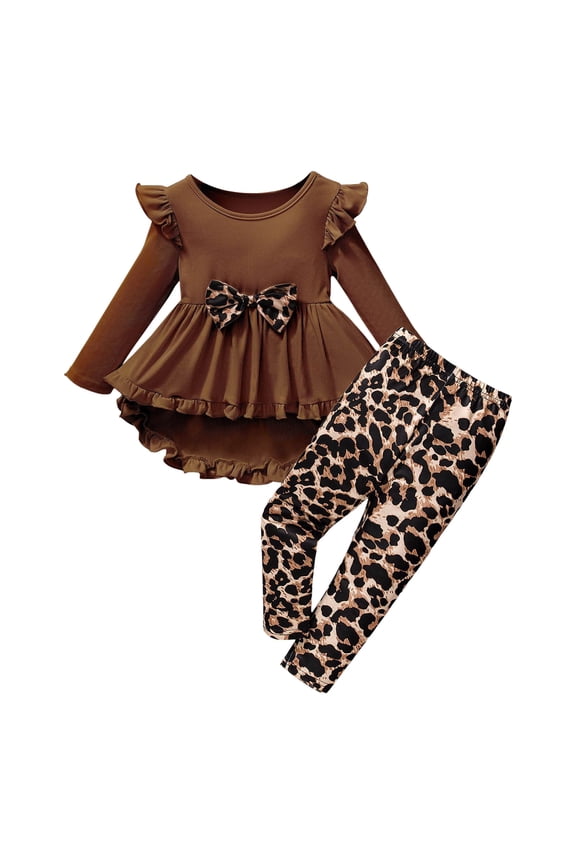 Toddler Girl Clothes Ruffle Trim Long Sleeve Pullover Top and Floral Print Leggings Fall Outfits Kids Clothing Sets,Coffee