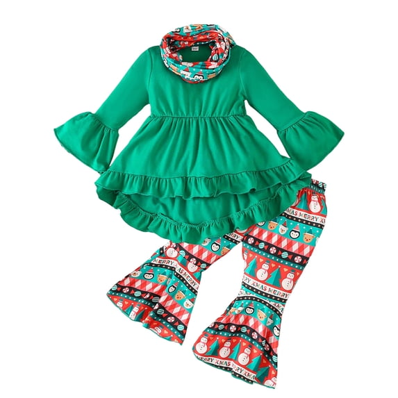 Dmsael Toddler Girls Kids Christmas Long Sleeve Ruffles T Shirt Tops Pullover Cartoon Prints Pants Outfits,2-3 Years