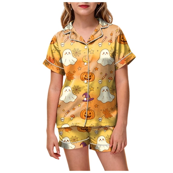 Dmsael Toddler Halloween Pajamas Girls Pajama Set Short Sleeve Button Down Satin Girls PJS Kids Sleepwear Summer Nightwear Loungewear Set