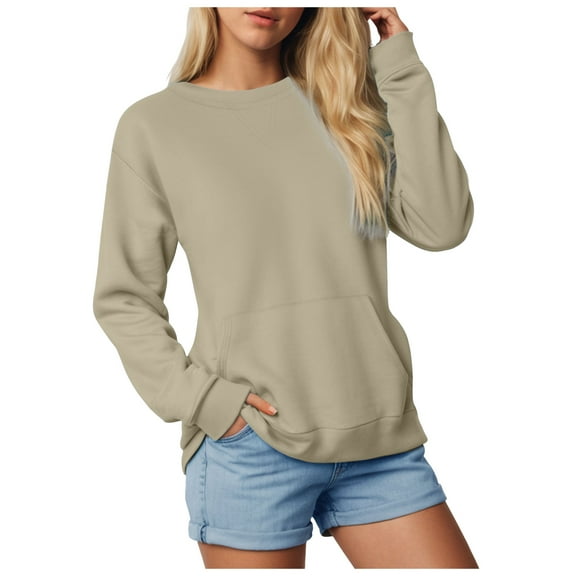 Dmsael Womens Trending Clothes 2025 Women's Long Sleeve T-Shirt Side Split Tunic Tops for Leggings Loose Crewneck Sweater Khaki,XL