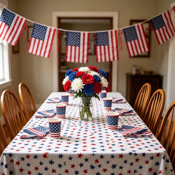 Dmuso Patriotic Table Cloth, Red White Blue Disposable 4th of July Decorations, No Fade Table Cloth Rectangle Table for Home, Outdoor, Party, Picnic, Camping, 54"*108"