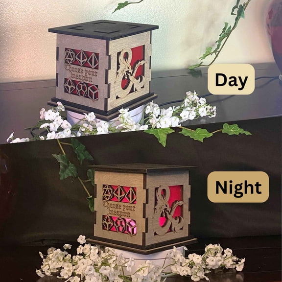 DnD Decorative Light Box | D&D Wooden Lantern | Dungeons and Dragons Lighted Dice Box