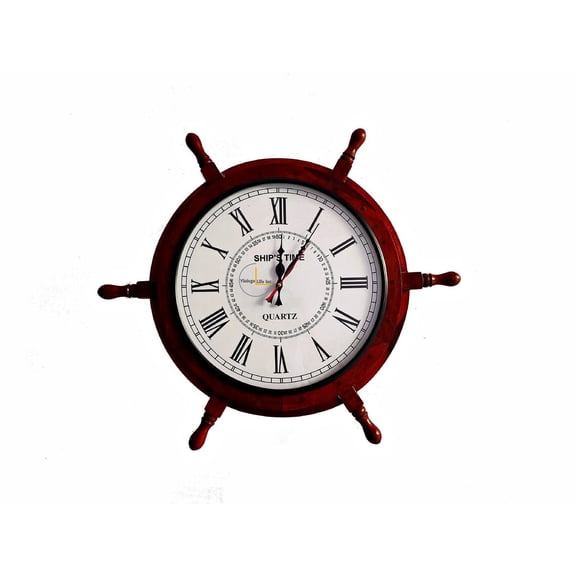 DnU Avenue 24 Inch Wooden Ship Wheel Wall Clock | Handcrafted Nautical Maritime Decor Clock | Large Rustic Analog Battery Operated Wall Clock for Living Room, Office, Bedroom & Home Decor