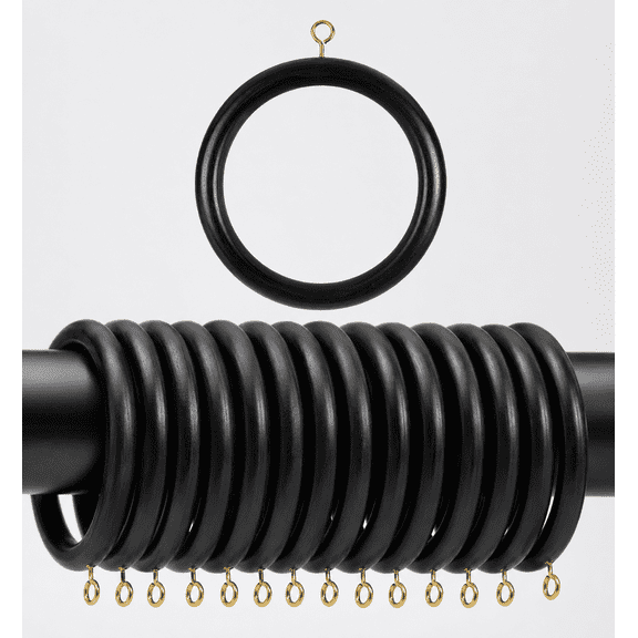 DnU Avenue 50 Pack Premium Black Beech Wood Curtain Rings with Hooks, 1.75 Inch Inner Diameter, Durable Wooden Curtain Rod Rings, Smooth Glide Window Hardware