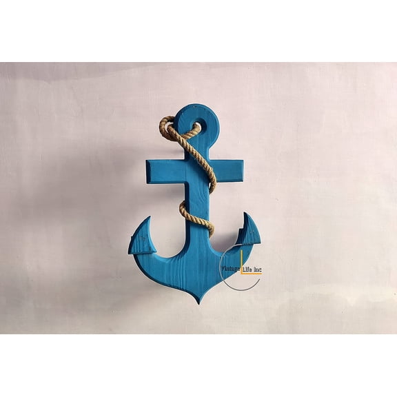 DnU Avenue Nautical Wooden Anchor with Rope, Wall Hanging Decor, Vintage Home Decoration Ideas, Beach themed decor, Tropical Coastal Decor Items. (Medium 18", Blue)