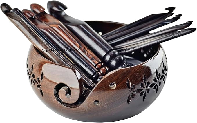DnU Avenue Rosewood Set of 15 Ergonomic Crochet Hooks 3.5 MM to 25 MM, Wooden Yarn Crochet Hooks for Arthritic Hands, Knitting & Crochet Hook, Soft Grip, Wood Finish, Brown (Hooks with Bowl A)