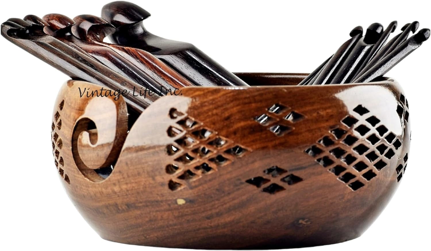 DnU Avenue Rosewood Ergonomic Crochet Hooks Set of 15-3.5 MM to 25 MM with Vintage Carved Bowl, Wooden Yarn Ergonomic Crocheting Set for Arthritic Hands, Knitting Easy Grip in Brown Color