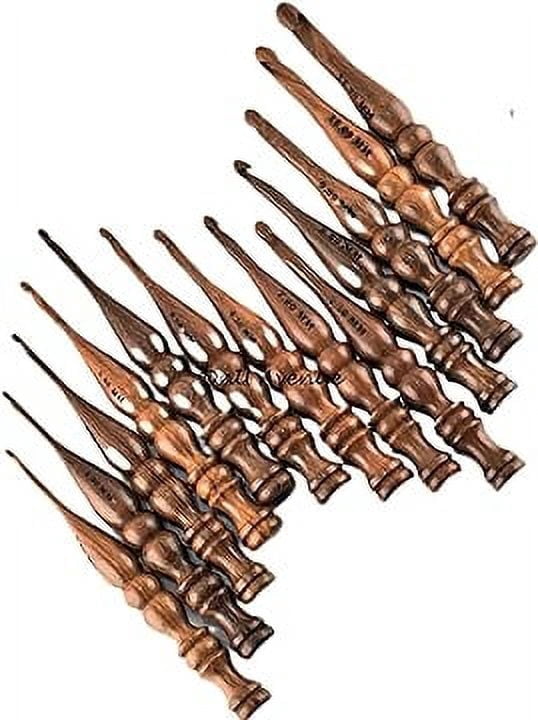 DnU Avenue Sheesham Wood Set of 13 Ergonomic Crochet Hooks 3.5 MM to 12 MM, Wooden Yarn Crochet Hooks for Arthritic Hands, Knitting & Crochet Storage, Soft Grip, Wood Finish, Brown (Only Hooks)