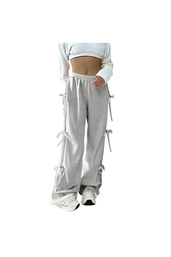 Clearance! Wide Leg Sweatpants Women Jogging Bottoms With Bow And Wide Leg Elastic Waistband Sweat Baggy Trousers With Pocket Country Trousers For Women Womens Sweatpants With Pockets Gray2 XS