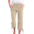 thumbnail image 1 of Dndif Clearance Womens Linen Pants Women Fashion Solid Color Cotton Elastic Long Pants Beach Leisure Trousers Linen Womens Capris for Summer Clearance Khaki S, 1 of 3