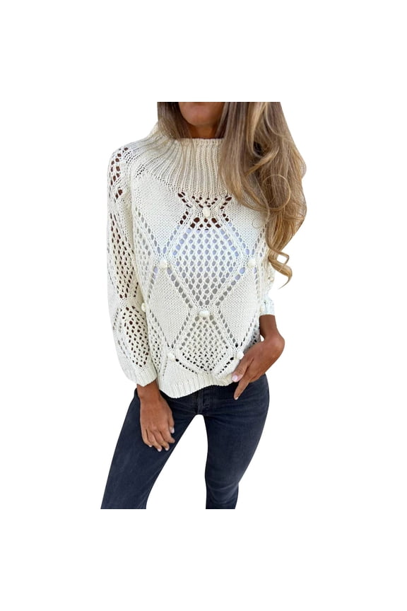Mesh Long Sleeve Tops For Women Hollow Out Crochet Sweater Boat Neck Pullover Sweaters Casual Long Sleeve Cable Knit Sweater Tops Pullover Sweaters For Women Beige S-3XL Free Shipping Items