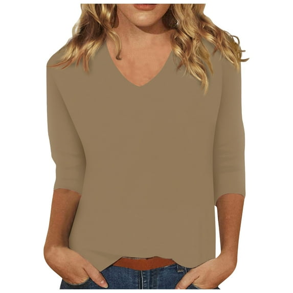 Dndkilg Sexy Tops for Women Party Club Night Plus Size Elbow 3/4 Length Sleeve Half Sleeve Tshirt Women V Neck Floral Summer Shirts 2023 Trendy Womens Blouses Dressy Khaki XL