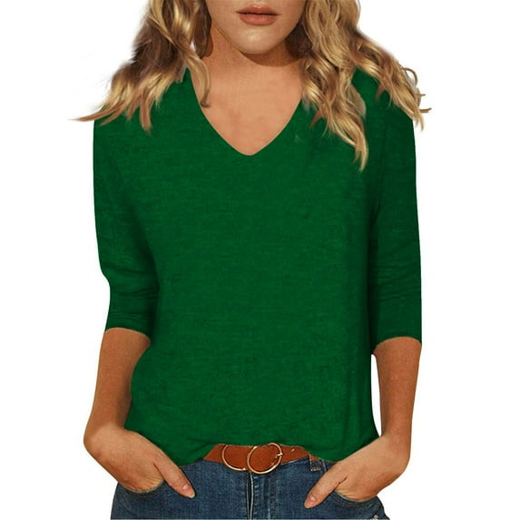 Dndkilg 3/4 Sleeve Womens Plus Size Top V Neck Elbow T-Shirts Floral Half Sleeve Dressy Shirts Casual Blouses Dark Green XL