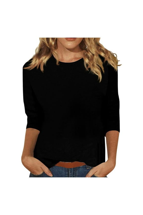 3/4 Sleeve Womens Shirts Crew Neck Elbow Tshirt for Women Plus Size Slim Fit Floral Cute Summer Tops Work Blouses Women Black M