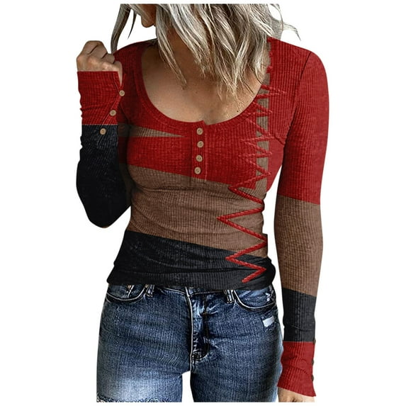 Dndkilg Blouses for Women Dressy Casual Button Down Color Block Women Dress Shirts Trendy Long Sleeve Slim Fit Womens Red Tops Henley Work Womens T Shirts Red L