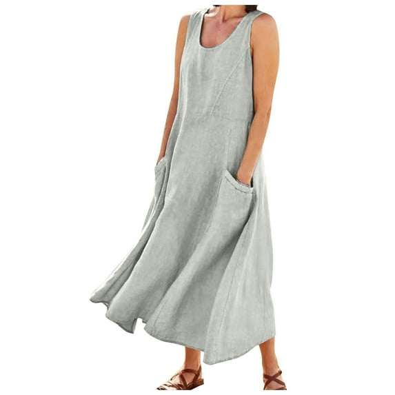Dndkilg Boho Dresses for Women Plus Size Cotton Linen Sexy Maxi Dress Floral Tank Summer Work Dresses Long Sleeveless Flowy Sundresses for Women Petite with Pockets Light Gray XL