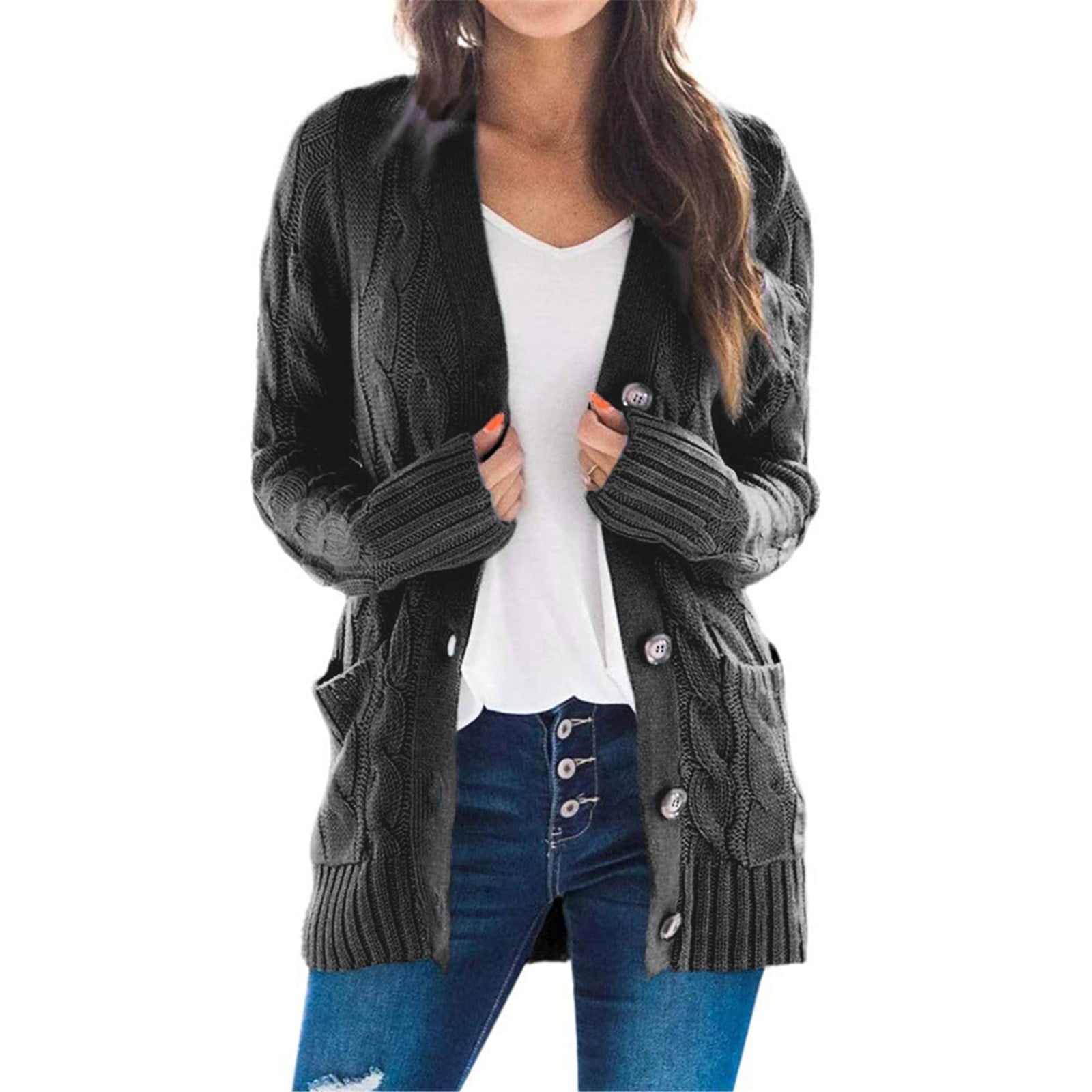 Dndkilg Button Up Sweaters for Woman Open Front Long Sleeve Cute Cardigans for Women Knit with Pockets Chunky Coat Long 2023 Trendy Soft Jacket Black L in Dominican Republic at DOP 4405