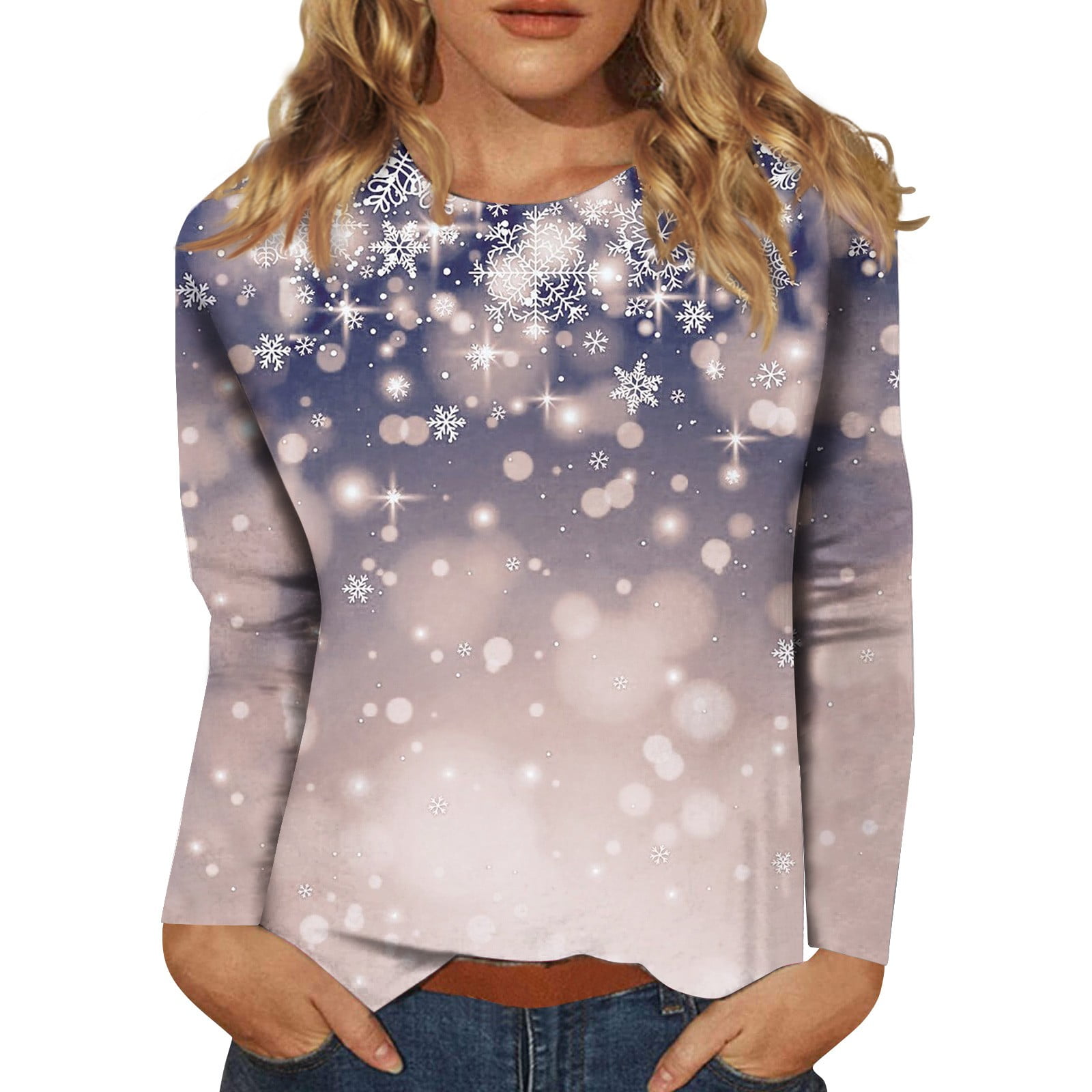 Dndkilg Christmas Shirts for Women Dressy Snowflake Long Sleeve Crew