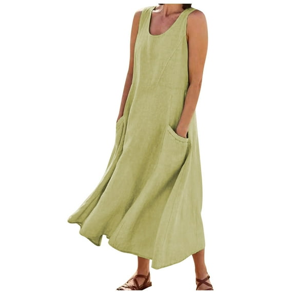 Dndkilg Dress for Wedding Guest Women Summer Flowy Floral Long Maxi Dresses Plus Size Boho Tank Long Dresses Clearance Cotton Linen Sleeveless Womens Sun Dress with Pockets Green 3XL