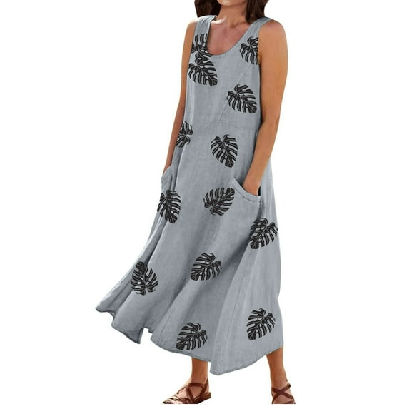 Dndkilg Dresses for Women Western Floral Cotton Linen Maxi Dress Boho Tank Long Dress for Wedding Sleeveless Flowy Plus Size Sundresses with Pockets Gray 4XL