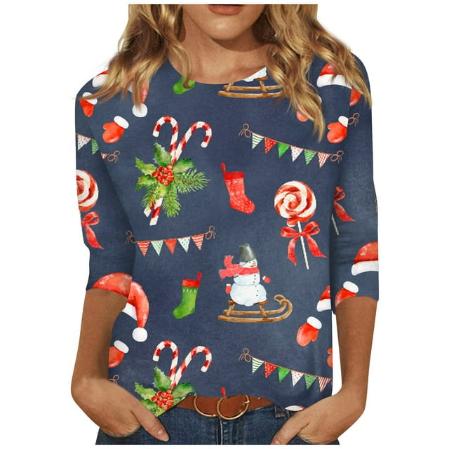 Dndkilg Dressy Christmas Tops for Women Santa Claus 3/4 Length Sleeve