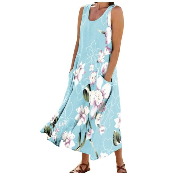 Dndkilg Elegant Dresses for Women formal Boho Cotton Linen Women's Maxi Dress Flowy Tank Womens Long Dresses Sleeveless Floral Sundresses Over 50 with Pockets Light Blue S