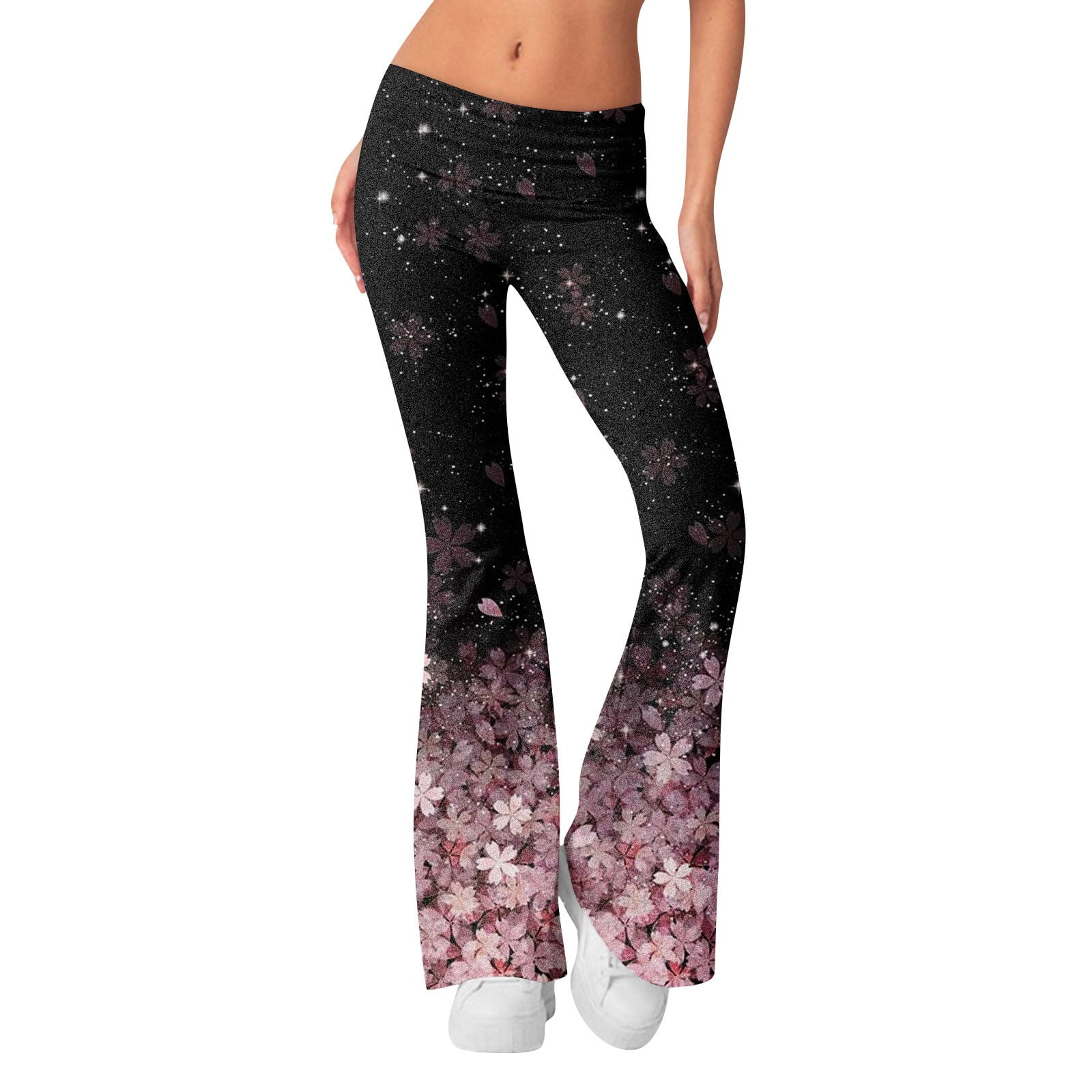 Dndkilg Flared Leggings for Women Floral Fold Over Low Waist Petite