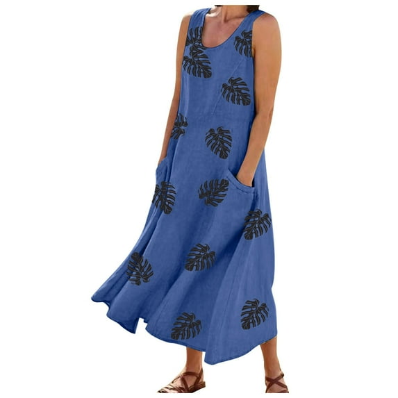 Dndkilg Floral Dress Women Boho Plus Size Maxi Dress for Women Sleeveless Tank Womens Boho Dresses Long Lengths Flowy Cotton Linen Sun Dresses for Women 2023 with Pockets Blue XL