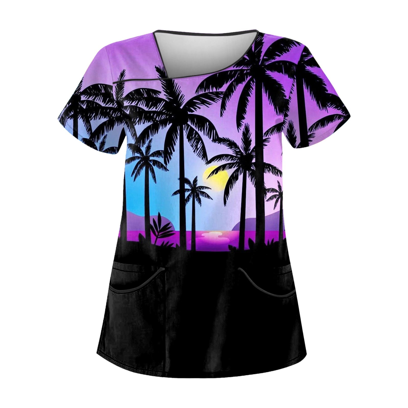 Dndkilg Hawaiian Scrubs for Women Short Sleeve 3D Palm Tree Print V