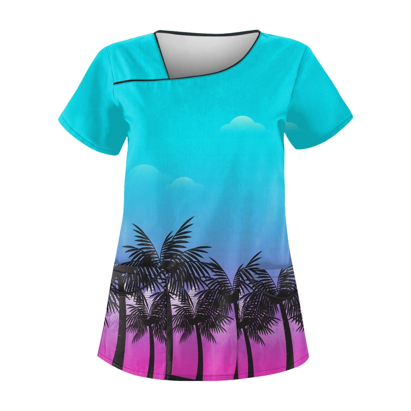 Dndkilg Hawaiian Scrubs for Women Short Sleeve 3D Palm Tree Print V