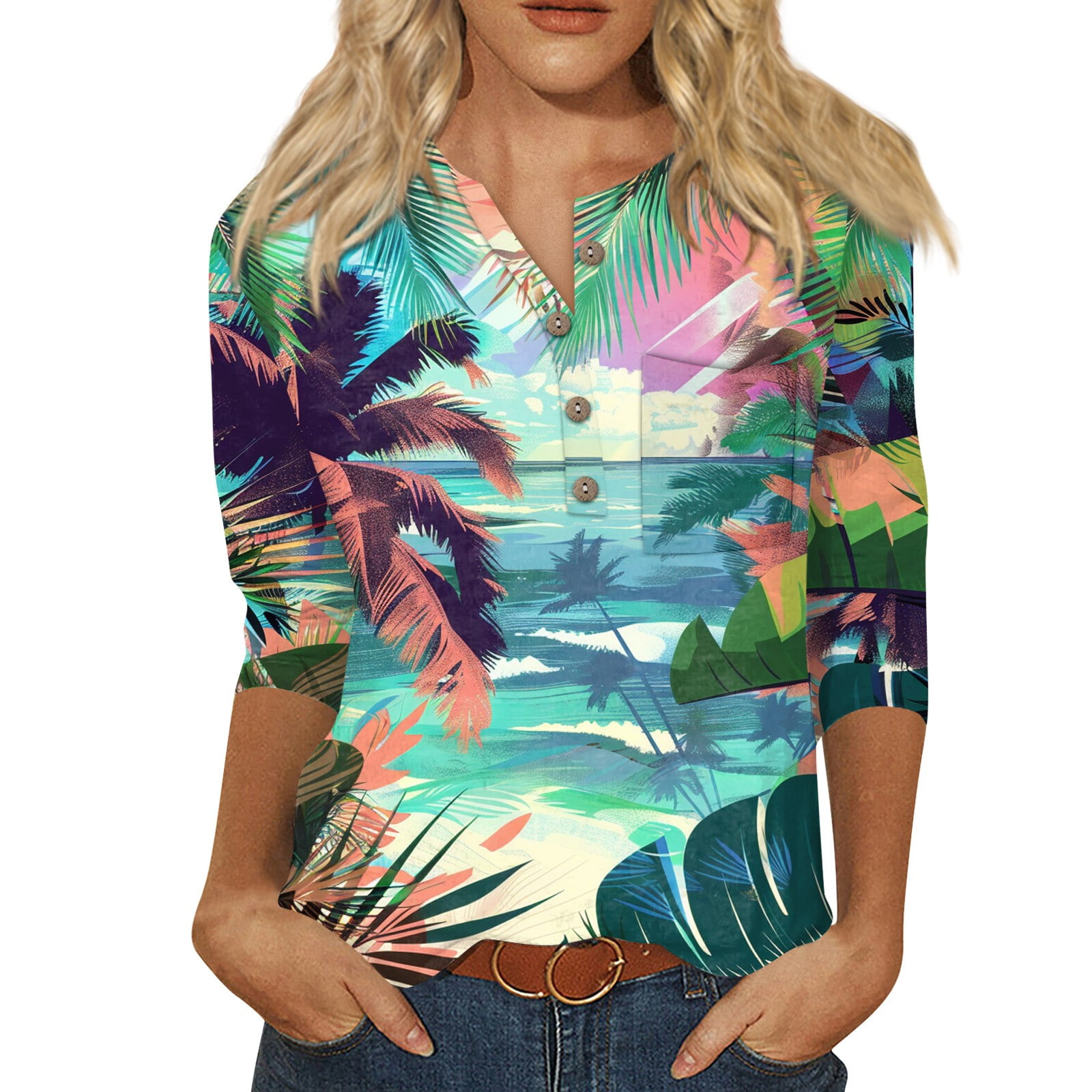Yihaojia Women's 3/4 Sleeve V-Neck Henley Top - Casual Blouse For Work & Everyday Wear - View #3