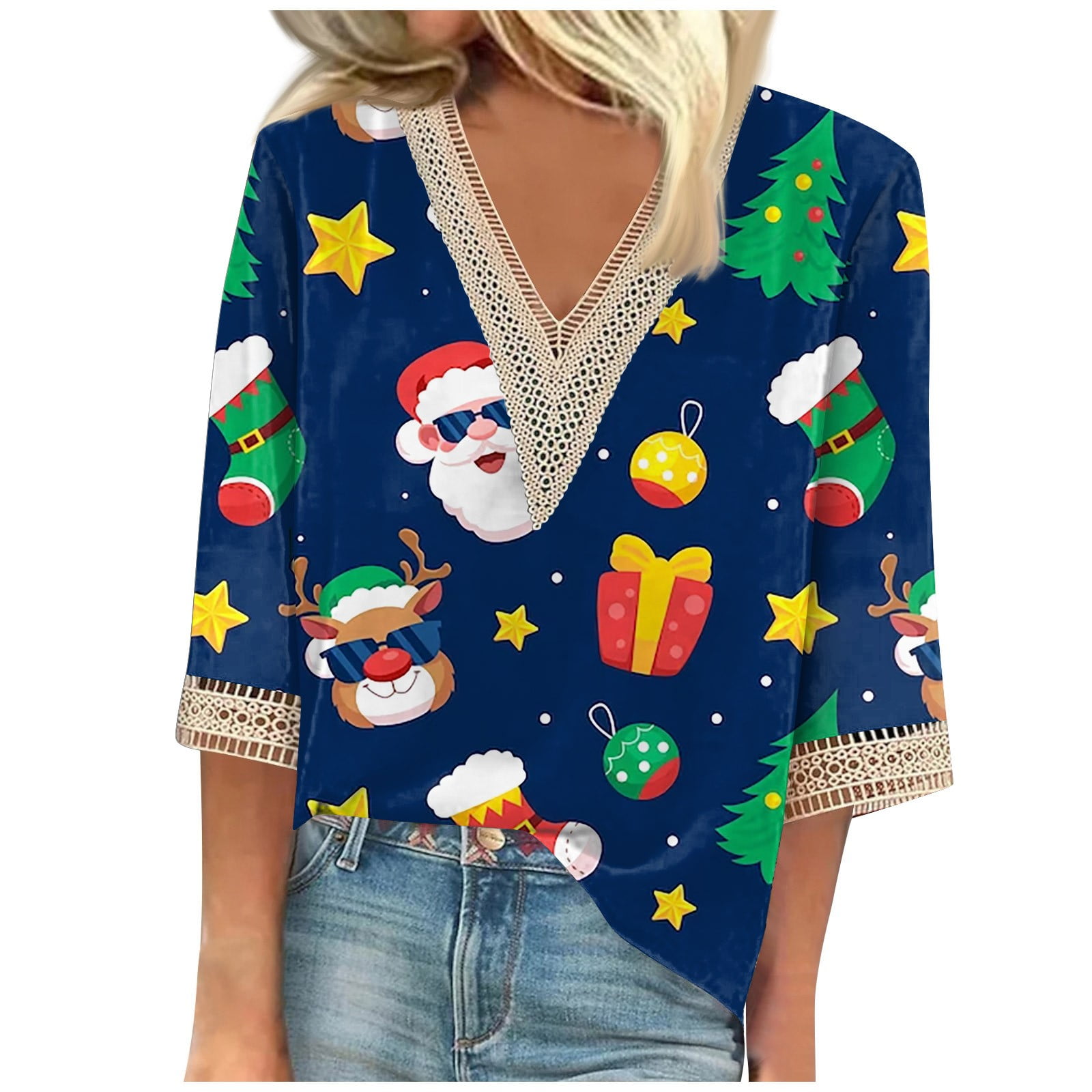 Dndkilg Merry Christmas Tee Shirts for Women Santa Claus Crew Neck 3/4