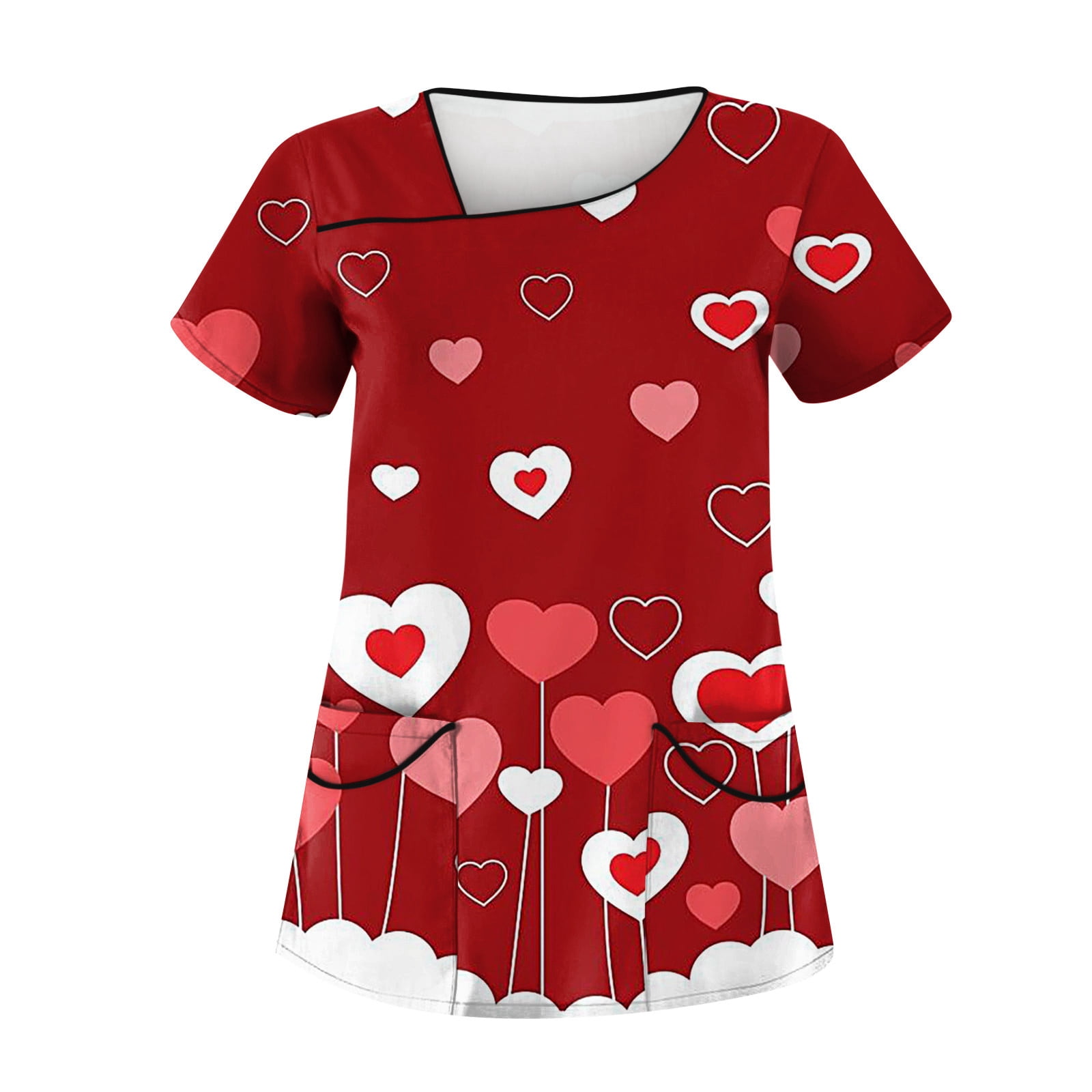 Dndkilg Nurse Scrubs Uniform Womens Valentines Day with Pockets Short Sleeve V Neck Love Heart
