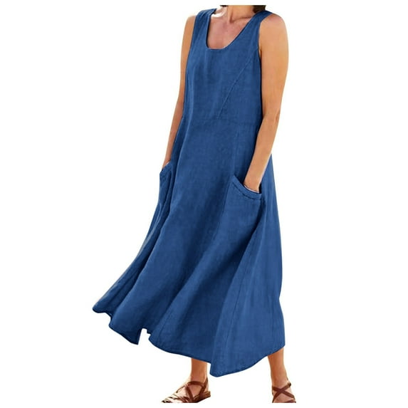 Dndkilg Plus Size Dress for Women Sexy Flowy Sleeveless Summer Dresses 2023 Maxi Boho Tank Long Summer Dresses 2023 Casual Floral Cotton Linen Ladies Sundresses with Pockets Blue M