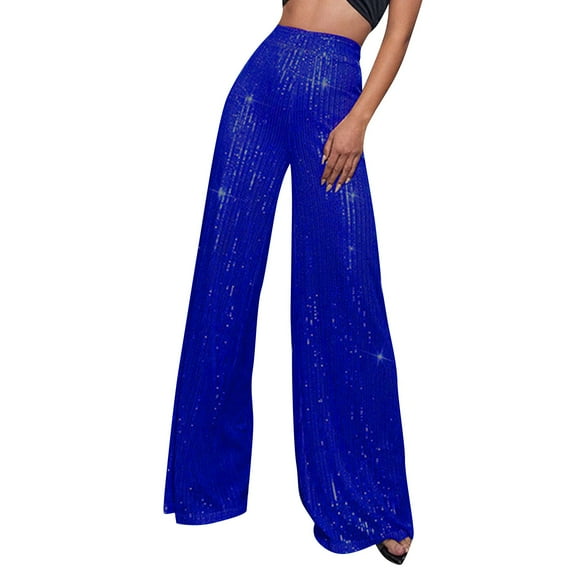 Dndkilg Plus Size Sequin Pants Sparkle High Waisted Wide Leg Metallic Pants Party Casual Teens Glitter Shiny Flare Blue S